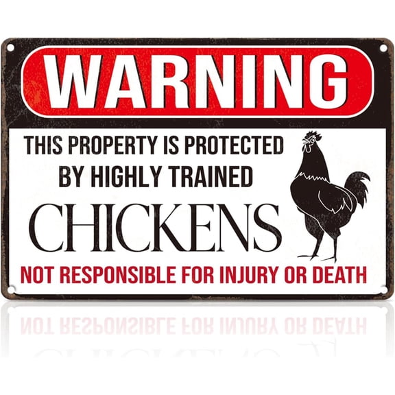 Vintage Metal Tin Sign, This Property Is Protected By Highly Trained Chickens, Outdoor Wall Decor for Garden Yard, Front Door Wall Art, 8 x 12 Inches