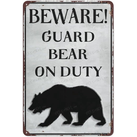 Vintage Metal Tin Sign Wall Art Decor Beware Guard Bear On Duty Sign Aluminum Sign Fade Resistant Easy Mounting Indoor/Outdoor Use Sign 12X8 Inch