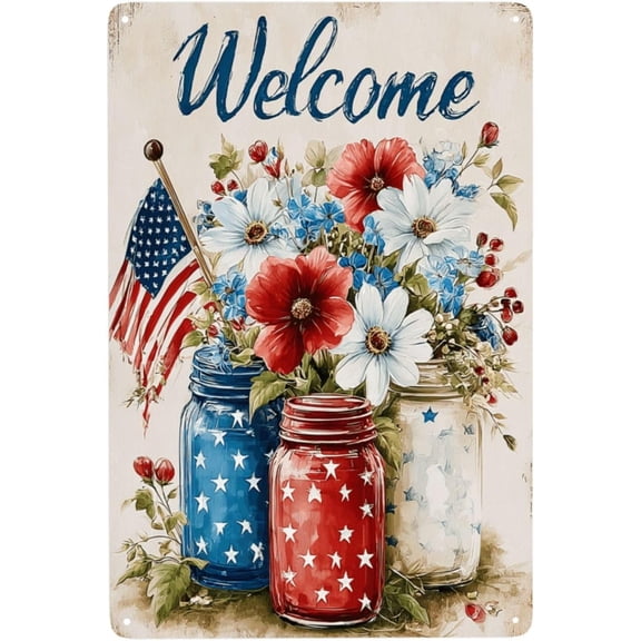 Vintage Metal Tin Sign Wall Art Decor, Retro Countryside Jar Flower Arrangement, Rustic American-Themed Home and Bar Decoration, 8 x 12 Inch
