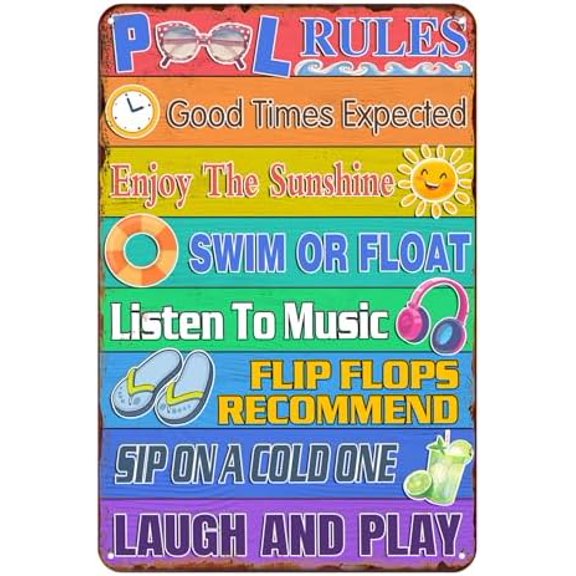 Vintage Metal Tin Sign for Man Cave Funny Pool Rules - 12x8 Inches Pool Area, Summer Garden, Beach Home & Outdoor Decor Private Property Decorative