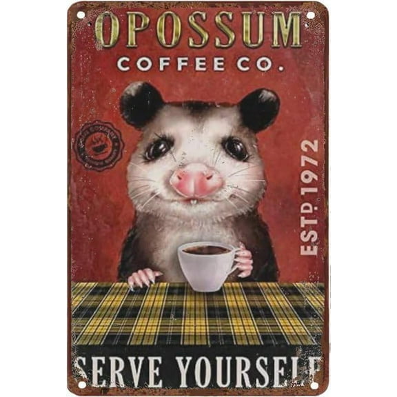 Vintage Metal Tin Signs Animal Opossum Coffee Serve Yourself Rustic Country Farmhouse Chic Bathroom Metal Sign Shabby Wall Decor For Home Bathroom Bedroom Wall Decor 8x12 Inch