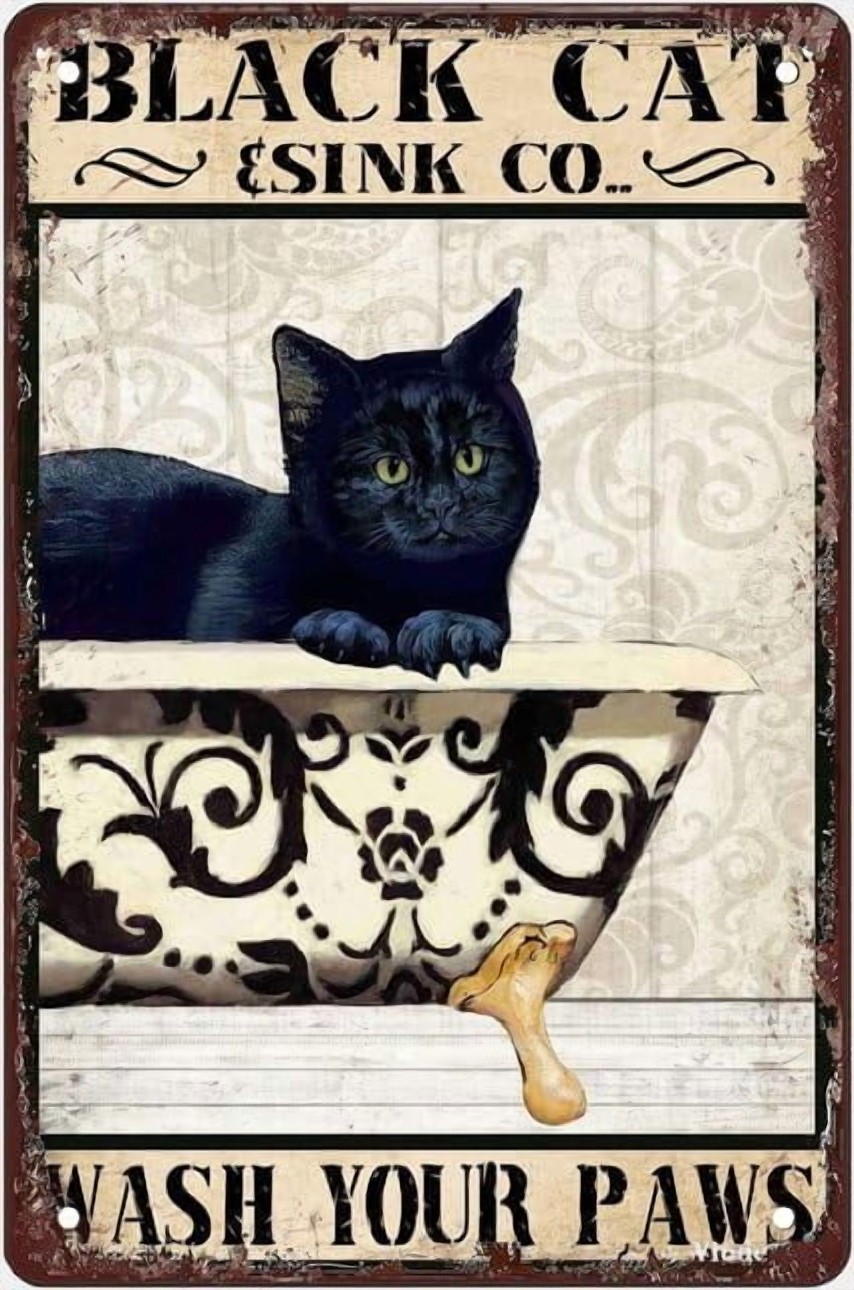 Vintage Metal Tin Signs Cat Black Cat Sink Co Wash Your Paw Rustic ...