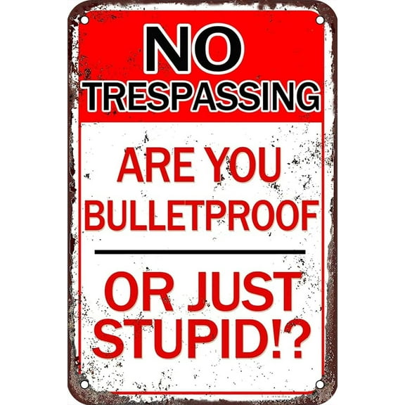 Vintage Metal Tin Signs No Trespassing are You Bulletproof Or Just Stupid Garage Home Bathroom Decor Bars Decor Bakery Kitchen Cafe Wall Decoration 12 X 8 Inches
