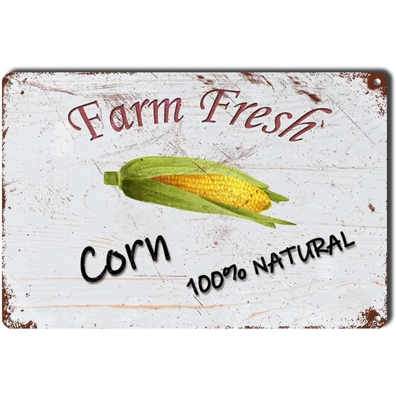 Vintage Metal Tin Wall Art Sign Natural Corn Farm Fresh Organic Food Decor for Garden or Restaurant 8 x 12 Inches