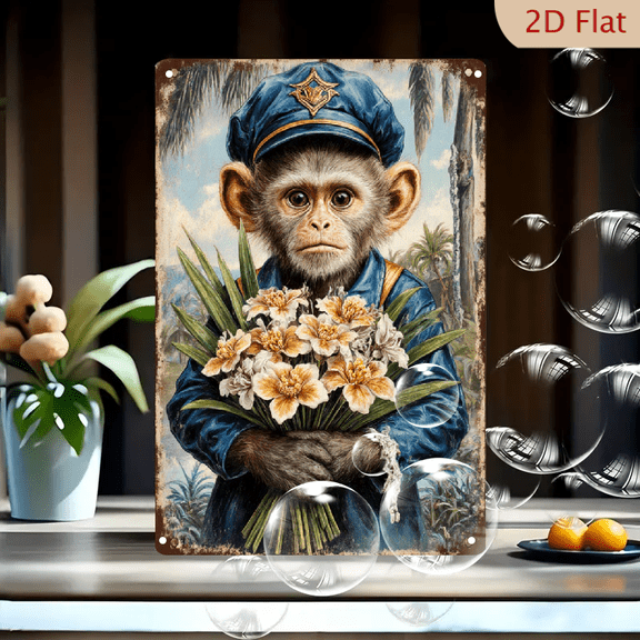 Vintage Metal Wall Art Sign, 8x12 Inches, Retro Monkey Mailman with Flowers & Palm Trees, Weathered Rust Finish, Tropical Decor for Home Office Bar