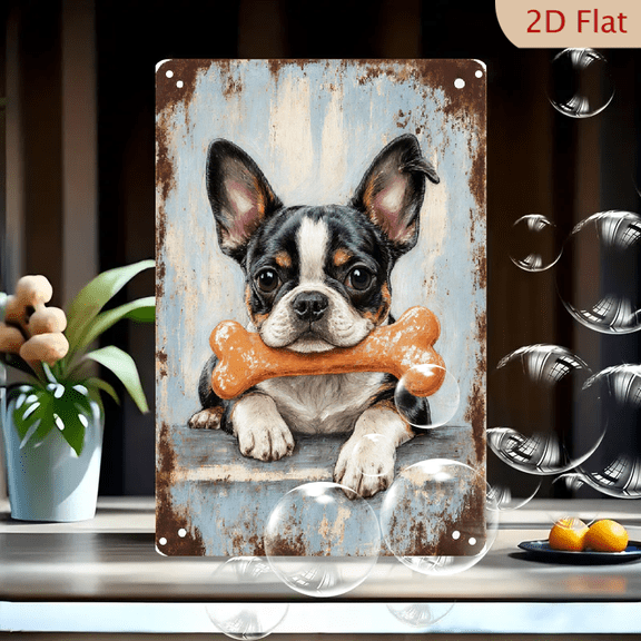 Vintage Metal Wall Art Sign 8x12 Inches, Rustic Faded Blue White Background, Cute Boston Terrier Mix Dog Lying Down with Orange Bone, Nostalgic Decorative Picture Frame for Home Office