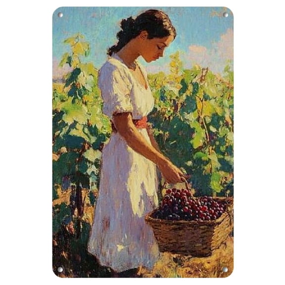 Vintage Metal Wall Art - Woman in Vineyard Grape Painting, Multipurpose Decorative Sign & Plaque for Home, Garage, No Electricity Needed, Easy Mounting