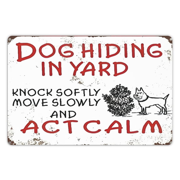 Vintage Metal Wall Decor - Dog Hiding in Yard Funny Warning Sign with Knock Softly Message, Rustic Tinplate Plaque for Home, Bar, Garage, Patio - Outdoor/Indoor Use, No Electricity, Portrait
