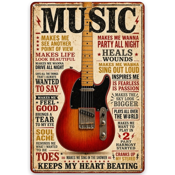 Vintage Metal Wall Decor Sign, Guitar and Music Theme, 8x12 Inch, Rustic Style with Inspirational Quotes, Easy Hanging for Home Decor, Indoor/Outdoor, Pre-Drilled Holes