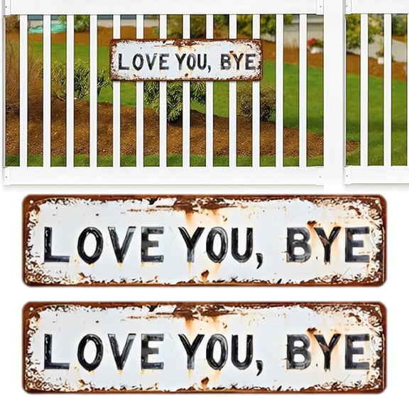 Vintage Metal Wall Sign - "Love You, Bye" Rustic Aluminum Plaque, 16"x4" Farmhouse Decor for Hallway, Entryway, Door & Home Wall Art (2 Piece)