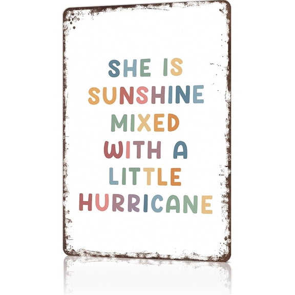 Vintage Metal Wall Sign She Is Sunshine Mixed With A Little Hurricane Funny Tin Poster for Home Office Man Cave Bedroom Decor 8 x 12 Inch