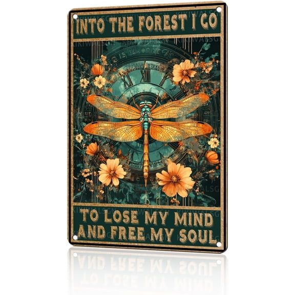 Vintage Metal Wall Sign With Dragonfly Design, Into The Forest I Go Quote, Garden Wall Art Decor, 8 x 12 Inch