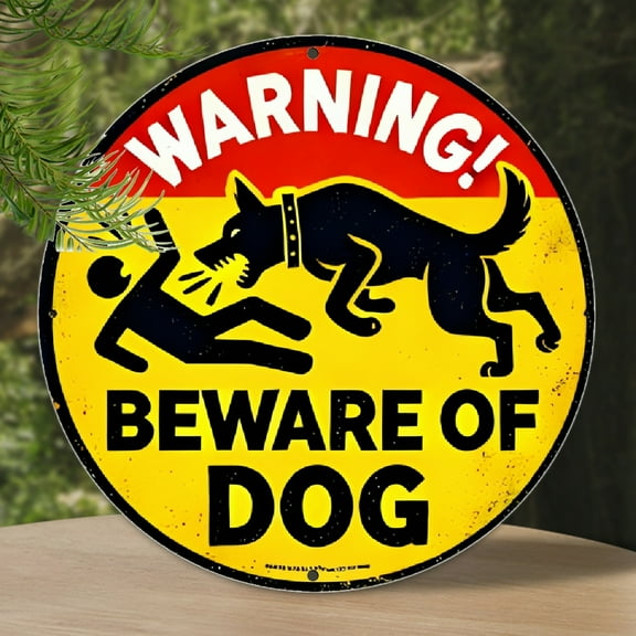 Vintage Metal Warning Dog Sign, 8-Inch Round Aluminum Wall Plaque, 2D Engraved Etching, for Indoor Outdoor, Farm, Restaurant, Garden, Bar, Cafe, Gym Decor