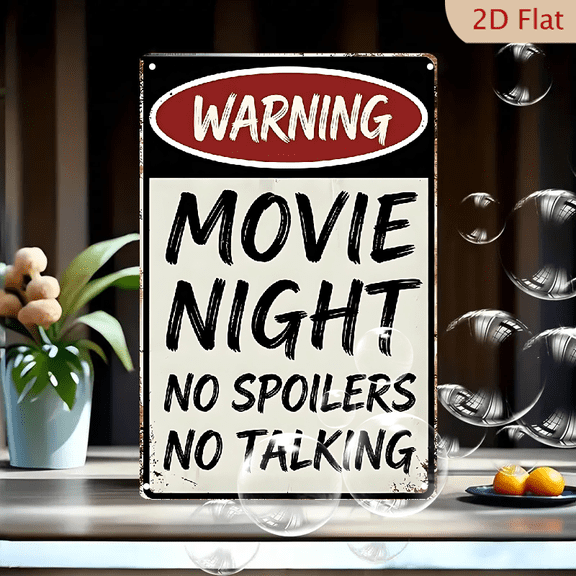 Vintage Metal Warning Sign 8x12 Inches, "Movie Night: No Spoilers No Talking" Retro Wall Art Decor for Home Theater, Living Room, Bar, Diner, Movie Themed Gift