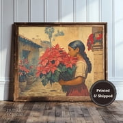 Vintage Mexican Artwork Rustic Southwest Cultural Decor Hispanic Christmas Artwork Antique Poinsettia