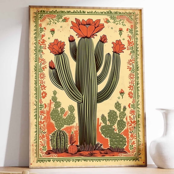 Vintage Mexican Cactus Art Print Colourful Floral Poster Home Decor Office Wall Art