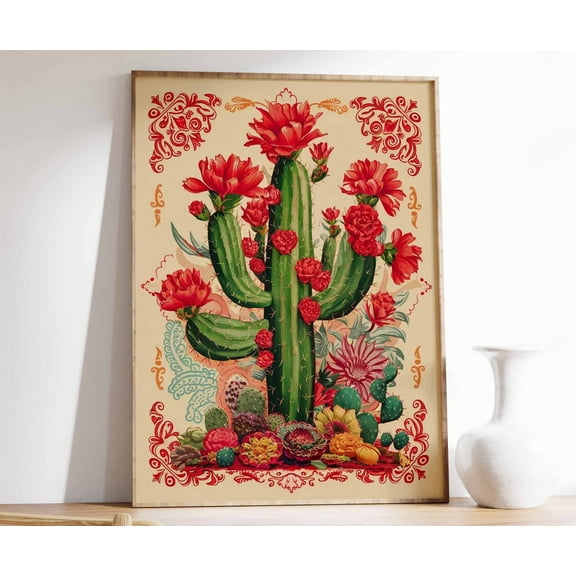 Vintage Mexican Cactus Poster, Colourful Mexican Art Mexican Decor, Traditional Mexican Art, Floral Decor, Latin Print, Mexican Gift Wall Art, Modern Wall Decor, 8x12 UNFRAMED