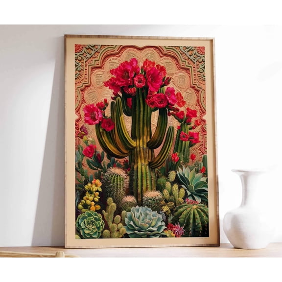 Vintage Mexican Cactus Poster, Colourful Mexican Art Prints, Mexican Decor, Traditional Mexican Art, Floral Decor, Latin Print, Mexican Gift