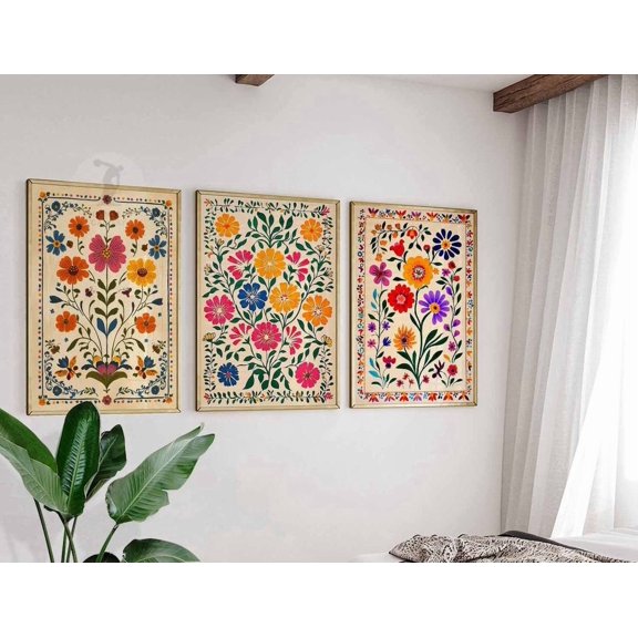 Vintage Mexican Mexican Prints Traditional Latin Floral Botanical Tropical Set 3 Stretched Canvas 16x24