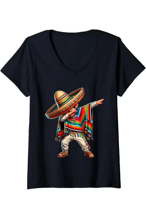 Vintage Mexican Party Cinco De Mayo Dabbing Dance Theme Ladies' V-Neck Tshirthot Trending Birthday Gifts