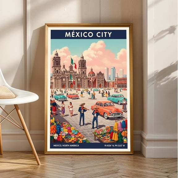 Vintage Mexico City Travel Poster: Retro American Art Print, Unframed Canvas Size 12x18