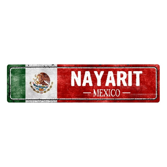 Vintage Mexico Flag Sign, Nayarit - Mexico - Mexican Flag Street Signs, Novelty Wall Art Decorations for Home, Man Cave Bar Decor, Metal, Slim, Size: 4 x 16 Inch