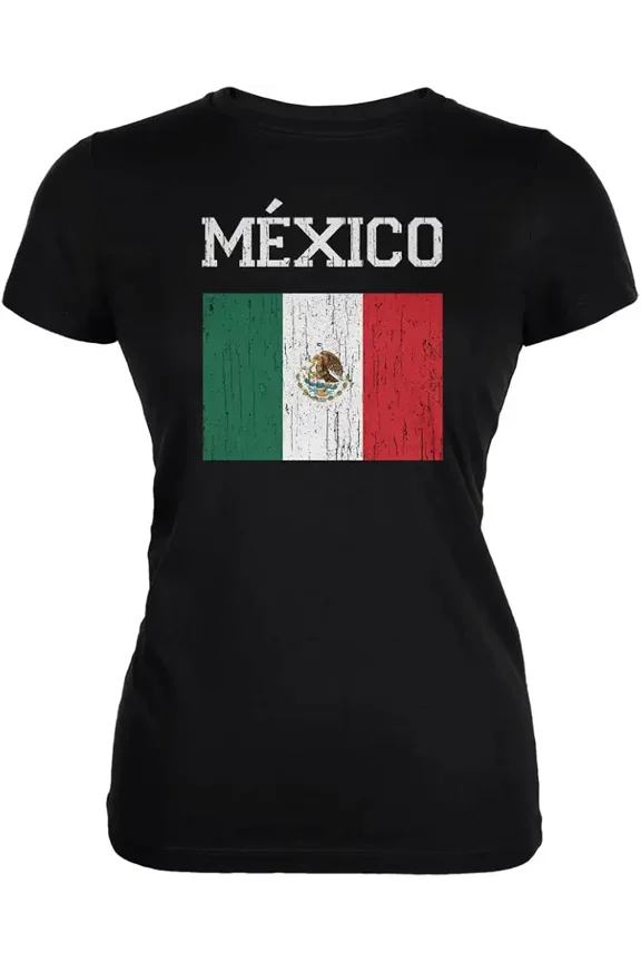 Vintage Mexico Flag Women's Graphic T-Shirt Distressed Patriotic Heritage Black Tee