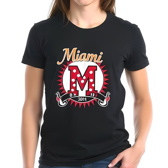 Vintage Miami 2011 Cotton Short Sleeve T-Shirt with Bold Red Polka Dot 'M' and Design
