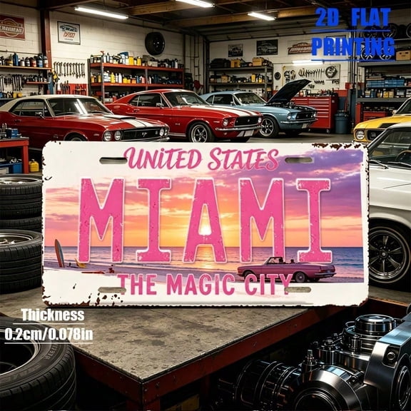 Vintage Miami Style Aluminum License Plate 5.9x11.8inch, 1PC Flat Decorative Metal Sign for Garage Bar Indoor Outdoor Wall Decor, Birthday Gift for Friends Collectors