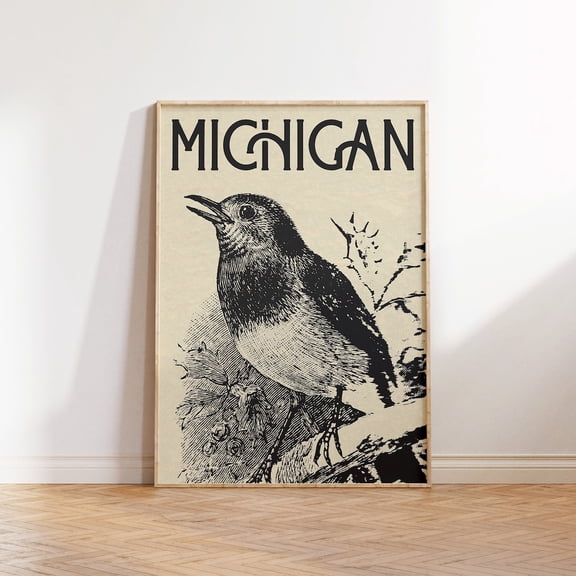 Vintage Michigan American Robin Print: State Bird Wall Art, Unframed Paper Poster 8x10in