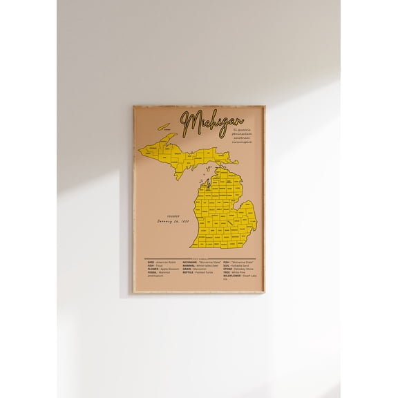 Vintage Michigan Map Poster: Us State Wall Art, Unframed Poster Size 8x12