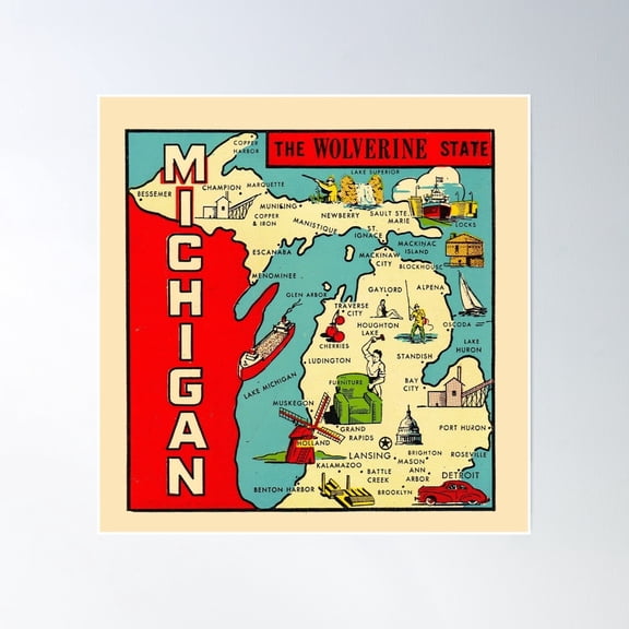 Vintage Michigan Map Poster Wall Art Vintage Style Wall Decor Physical Poster, Poster Only