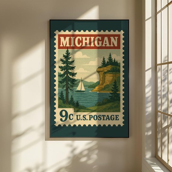 Vintage Michigan Postage Stamp Pictured Rocks Lake Superior Travel Retro Sailboat Wall Art Unframed Paper Print