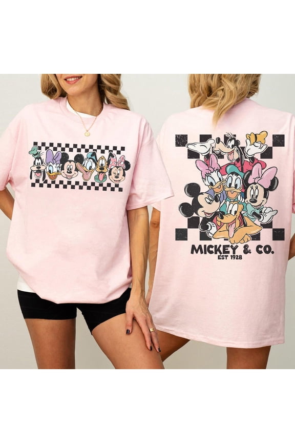 Vintage Mickey & Co Est 1928 Comfort Colors 2 Sided T-Shirt, Mickey And Friends, Disney Family Vacation Checkered Shirt, Disneyland,Blossom Color,Size 3XL