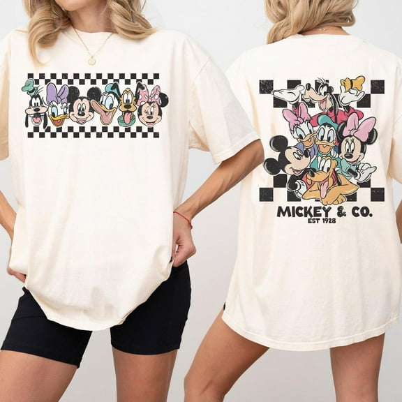 Vintage Mickey & Co Est 1928 Comfort Colors 2 Sided T-Shirt, Mickey And Friends, Disney Family Vacation Checkered Shirt, Disneyland,Ivory Color,Size 3XL
