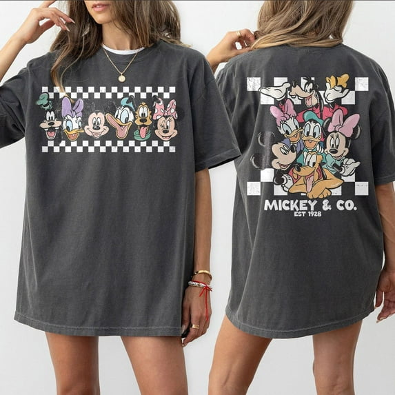 Vintage Mickey & Co Est 1928 Comfort Colors 2 Sided T-Shirt, Mickey And Friends, Disney Family Vacation Checkered Shirt, Disneyland,Pepper Color,Size 2XL