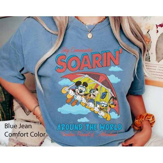 Vintage Mickey & Friends Soarin' Around The World Comfort Colors T-Shirt, Disney Ride Epcot Center Tee, Donald Pluto Goofy, Disneyland Trip,Blue Jean color,size 2XL