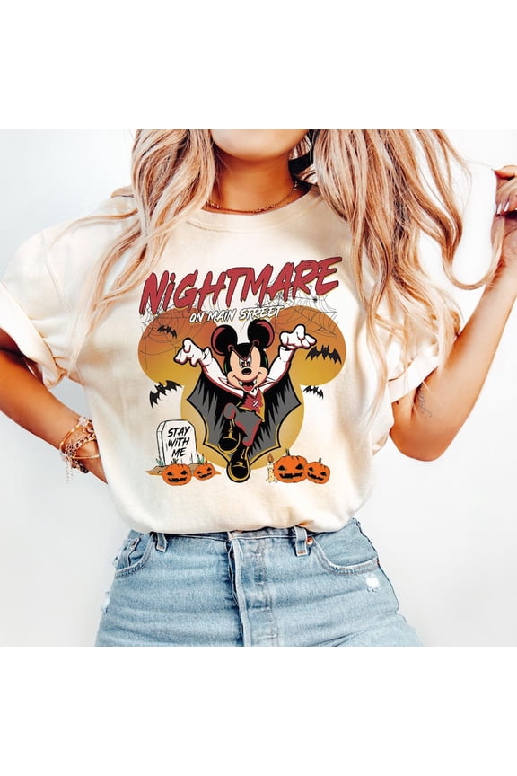Vintage Mickey Halloween Shirt, Disney Halloween T-shirt, Nightmare On The Main Street Shirt, Halloween Pumpkin Sweatshirt ,Sand Color,Size L