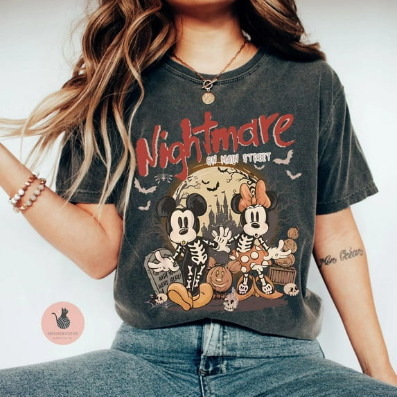 Vintage Mickey & Minnie Skeleton Nightmare On Main Street Shirts, Mickey Skeleton Shirts, Disney Trip Costume Party 2025 Shirts, Costume Party Party, S-5XL Shirt