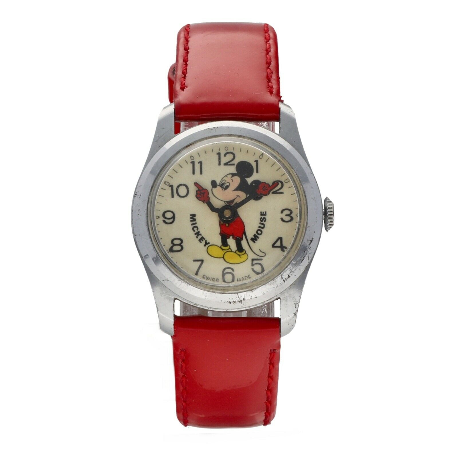 Disney Vintage Mickey Mouse 29mm Base Metal Watch with Red Leather Strap and Swiss Manual Wind Women s Model Walmart