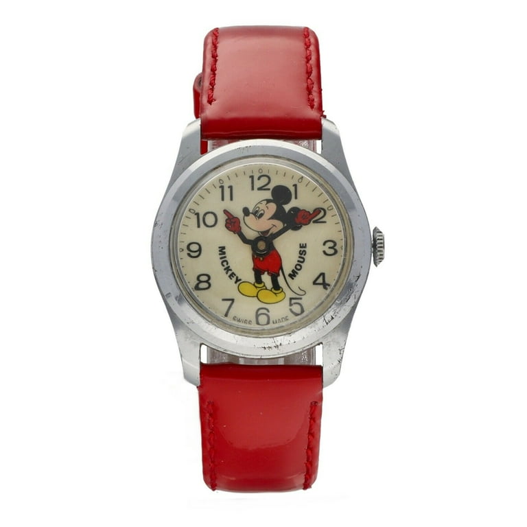 Vintage Mickey Mouse 29mm Base Metal Red Leather Swiss Manual Wind