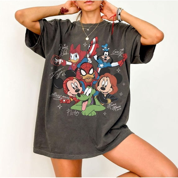 Vintage Mickey and Friends Signatures Comfort Colors T-Shirt, Avengers Shirt,Pepper Color,Size L
