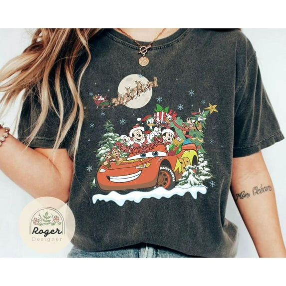 Vintage Mickey & friends Disney Cars Christmas Shirt, Lightning McQueen Car Mickey's Very Merry Christmas Party, Cars Land Family trip shirt