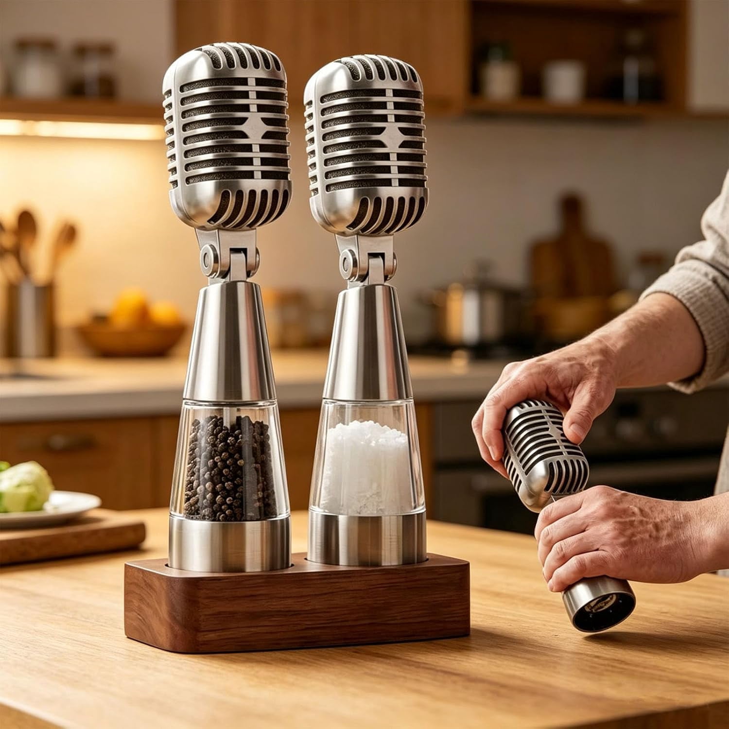 Vintage Microphone Salt and Pepper Grinder Set, Adjustable Spice Crusher Accessory for BBQ, Restaurant and Dining Table Decor