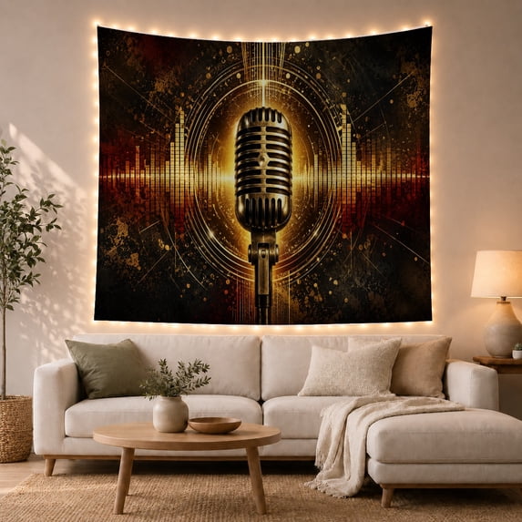 Vintage Microphone Within Glowing Golden Rings, Dramatic Digital Art for Music Lovers, Audio Spectrum Decor, Housewarming Gift, Tapestry Wall Hanging for Studio and Bedroom