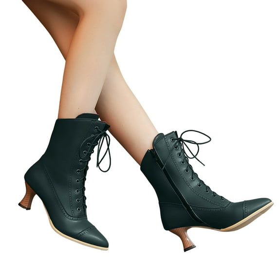Vintage Mid Calf Combat Boots for Women Cocktail Party Medival Leather Pointed Toe Kitten Heel Dress Short Booties AG Size 7
