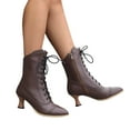 thumbnail image 1 of Vintage Mid Calf Combat Boots for Women Cocktail Party Medival Leather Pointed Toe Kitten Heel Dress Short Booties Coffee Size 8, 1 of 5