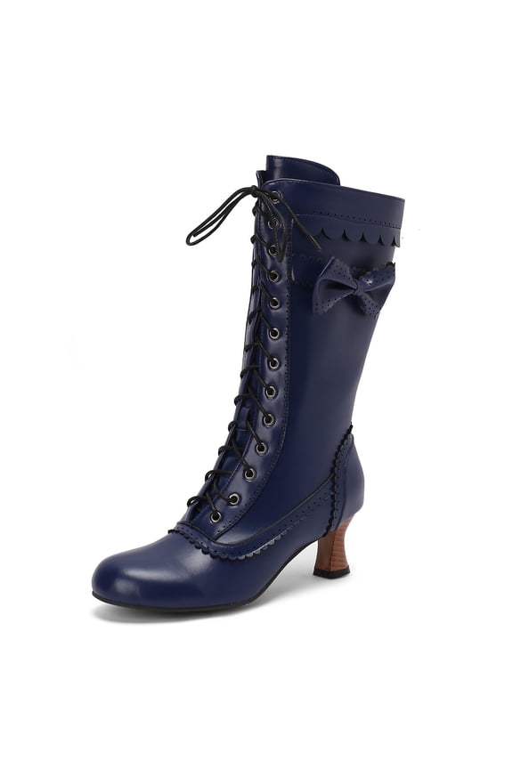 Vintage Mid Calf Combat Boots for Women Girls Bow Leather Lace up Kitten Heel Lolita Dress Booties