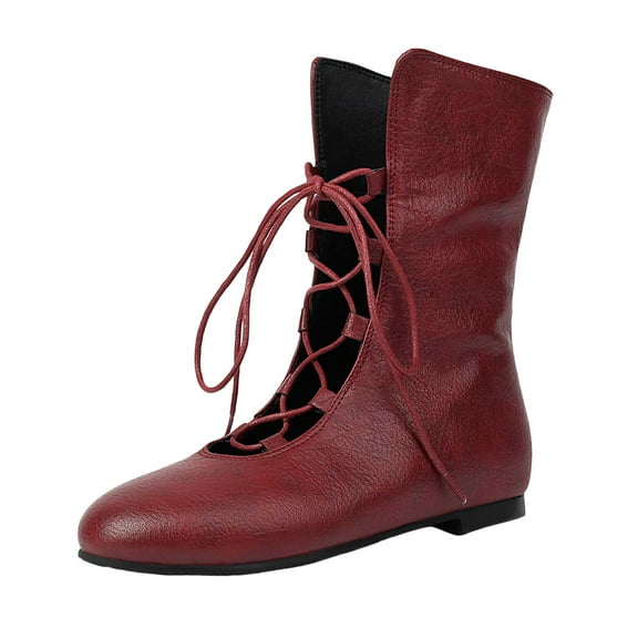 Vintage Mid Calf Combat Boots for Women with Middle Hollow out Strappy Flats Low Heel Gothic Short Dress Boots