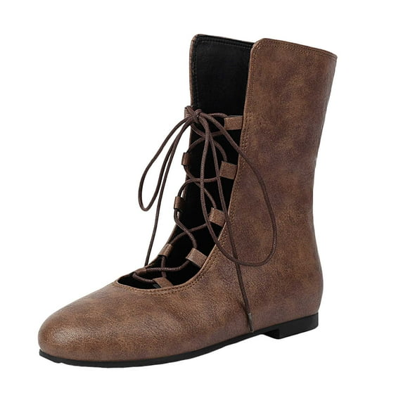 Vintage Mid Calf Combat Boots for Women with Middle Hollow out Strappy Flats Low Heel Gothic Short Dress Boots